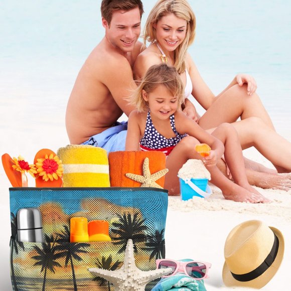 Large Sunset  Beach Patterned 7 Pocket Mesh Sand-Proof Beach Bag - Picture 4 of 5